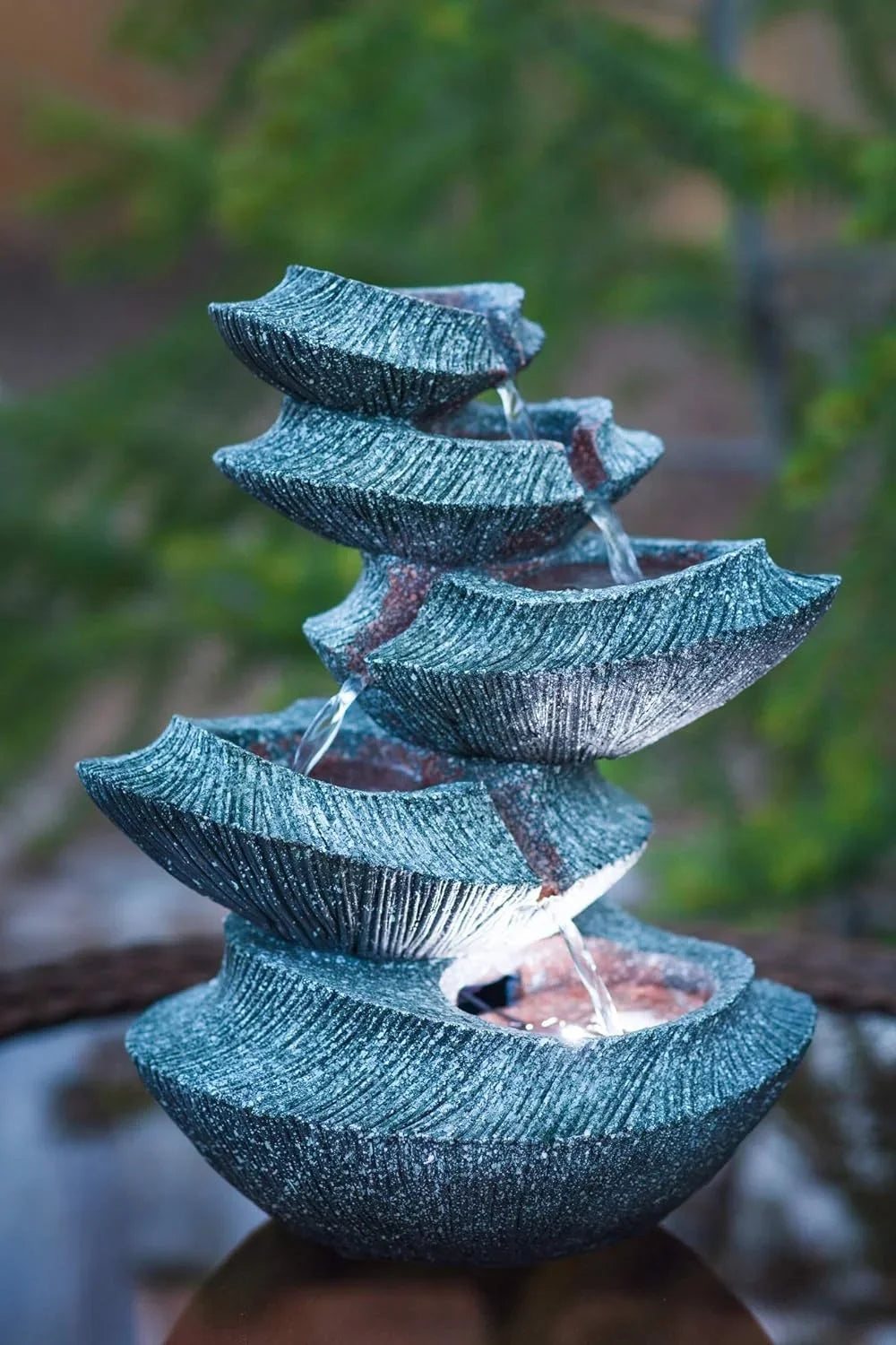 Modern Stone Tiers 14" Fountain W/LED Light: Small Indoor/Outdoor Water Feature For s, Entryways, Gardens & Patios. Hand-Crafted Design. HF-B16-14LT