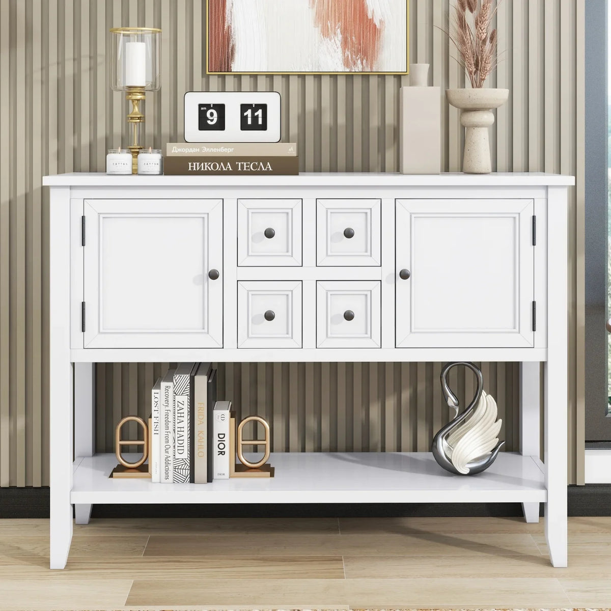 TREXM Cambridge Series Ample Storage Vintage Console Table with Four Small Drawers and Bottom Shelf for Living Rooms  Entrances and Kitchens (Light Navy  OLD SKU  WF190263AAH)