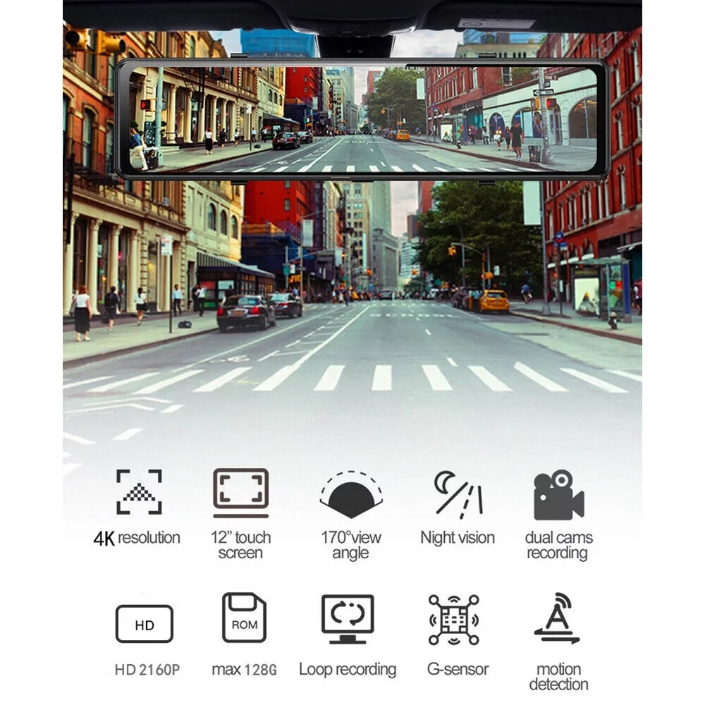 Kqiang 4K 12" Dash Cam Mirror GPS WiFi Voice Control Car Rear View Backup Dual Camera