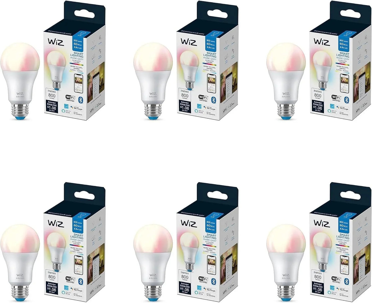 WiZ 60W A19 Color LED Smart Bulb - Pack of 6 - E26- Indoor - Connects to Your Existing Wi-Fi - Control with Voice or App + Activate with Motion - Matter Compatible