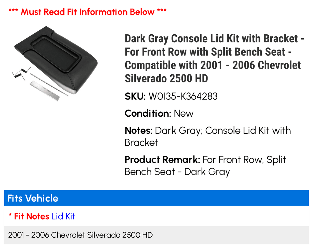 Dark Gray Console Lid Kit with Bracket - For Front Row with Split Bench Seat - Compatible with 2001 - 2006 Chevy Silverado 2500 HD 2002 2003 2004 2005