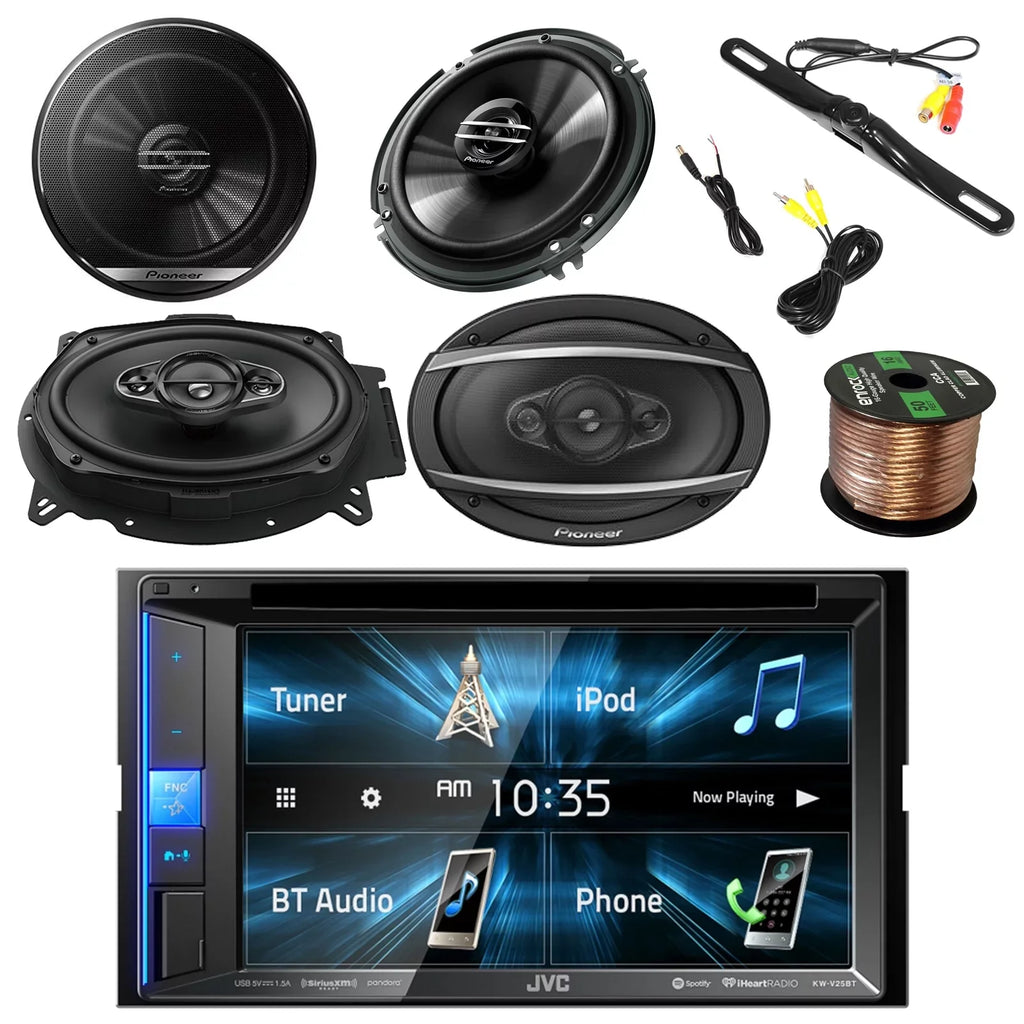 JVC KWV140BT 2DIN BT Car Stereo Receiver, interactivedisplay with Pyle License PLatitudee Mount Rear View Color Camera, Pioneer 6.5" 2-Way SPKR 250W, Pioneer 6"x9" 420W 3-Way SPKR & Enrock 16G 50' SPKR Wire