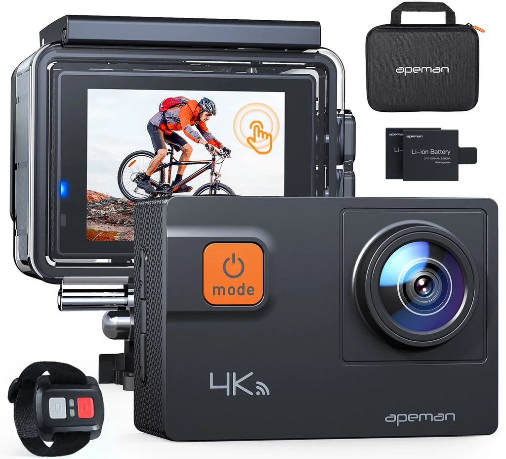 Apeman A87 Action Camera, UHD 4K/60fps 20MP Touchdisplay WiFi Underwater Camcorder for Motorbike and Skateboard Camera