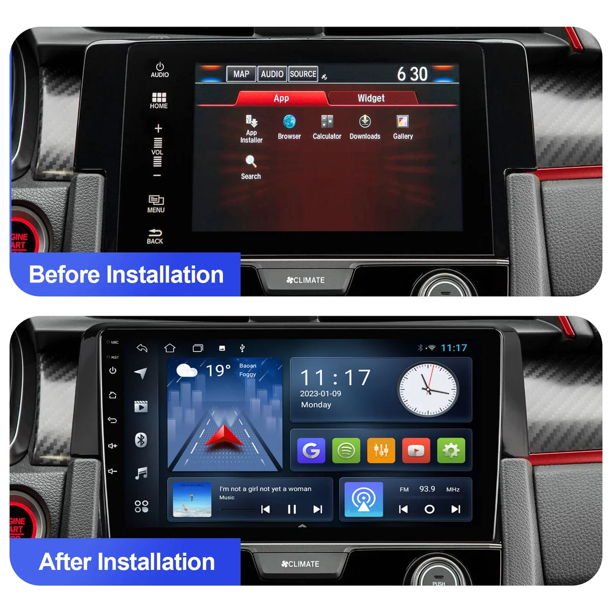 Android 10 Double Din Car Stereo for Honda Civic 2016-2020 with 9 Inch Touchdisplay Radio Built-in Wireless Carplay/Android Auto/GPS/Bluetooth/FM/AUX-in/Steering Wheel Control Backup Camera 2+32G