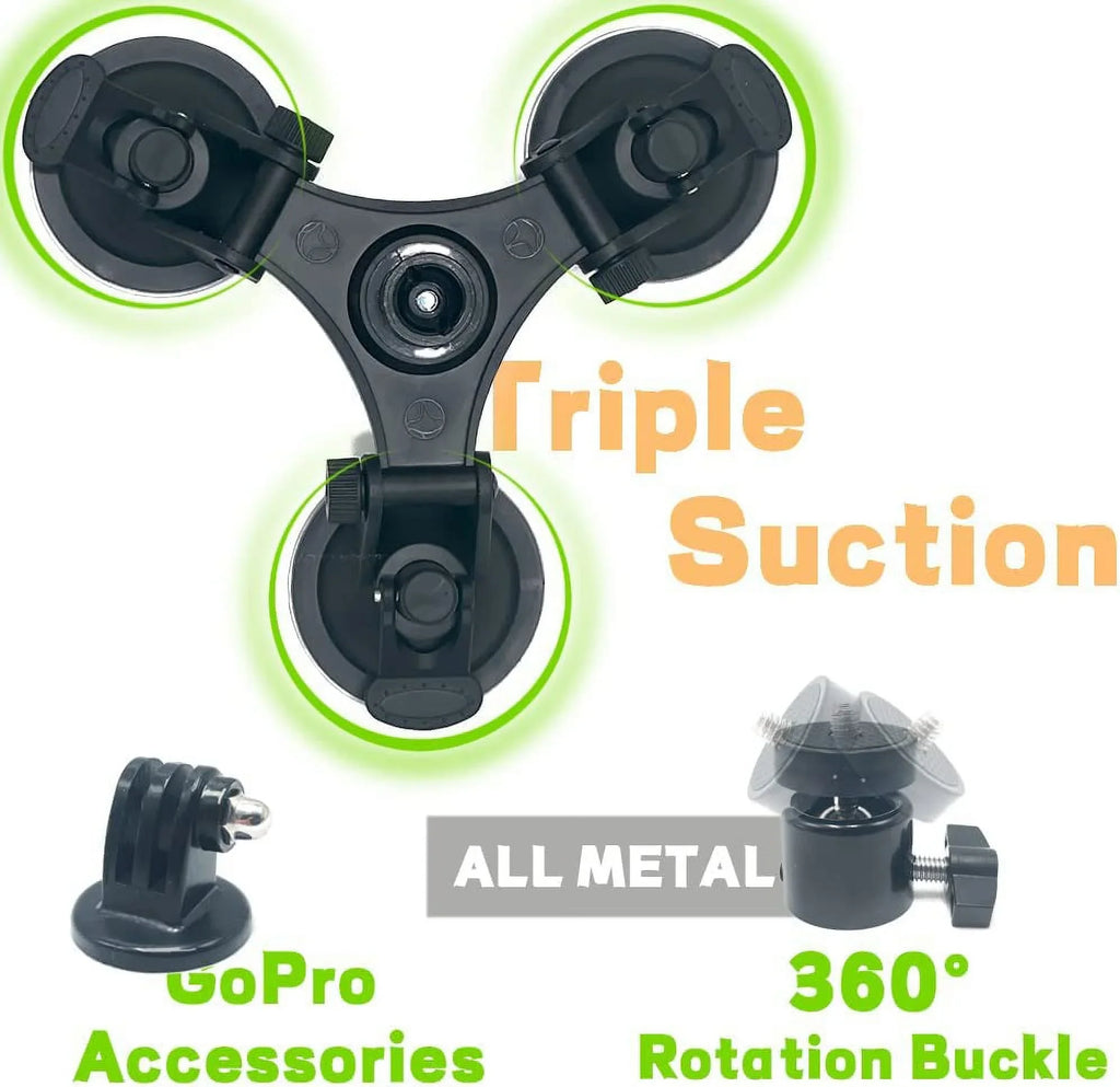 Triple Suction Cup Mount Holder Action Camera Car Windshield Mount with 1/4 Threaded Head 360 Degree Tripod Ball Head