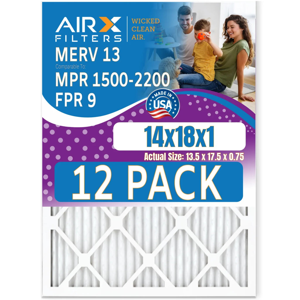 14x18x1 Air Filter MERV 13 Rating, 12 Pack of Furnace Filters Comparable to MPR 1500 - 2200 & FPR 9 - Made in USA by AIRX FILTERS WICKED CLEAN AIR.