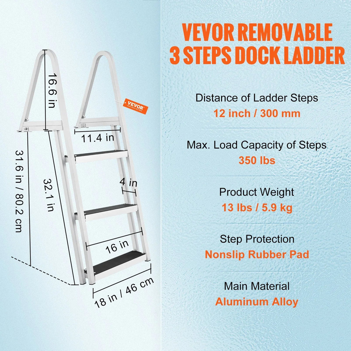 VEVOR Removable 3-Step Dock Ladder - 350 lbs Capacity, Aluminum Alloy with 4'' Wide Nonslip Steps, Simple InstalLatitudeion for Boats, Lakes, Pools & Marine Access