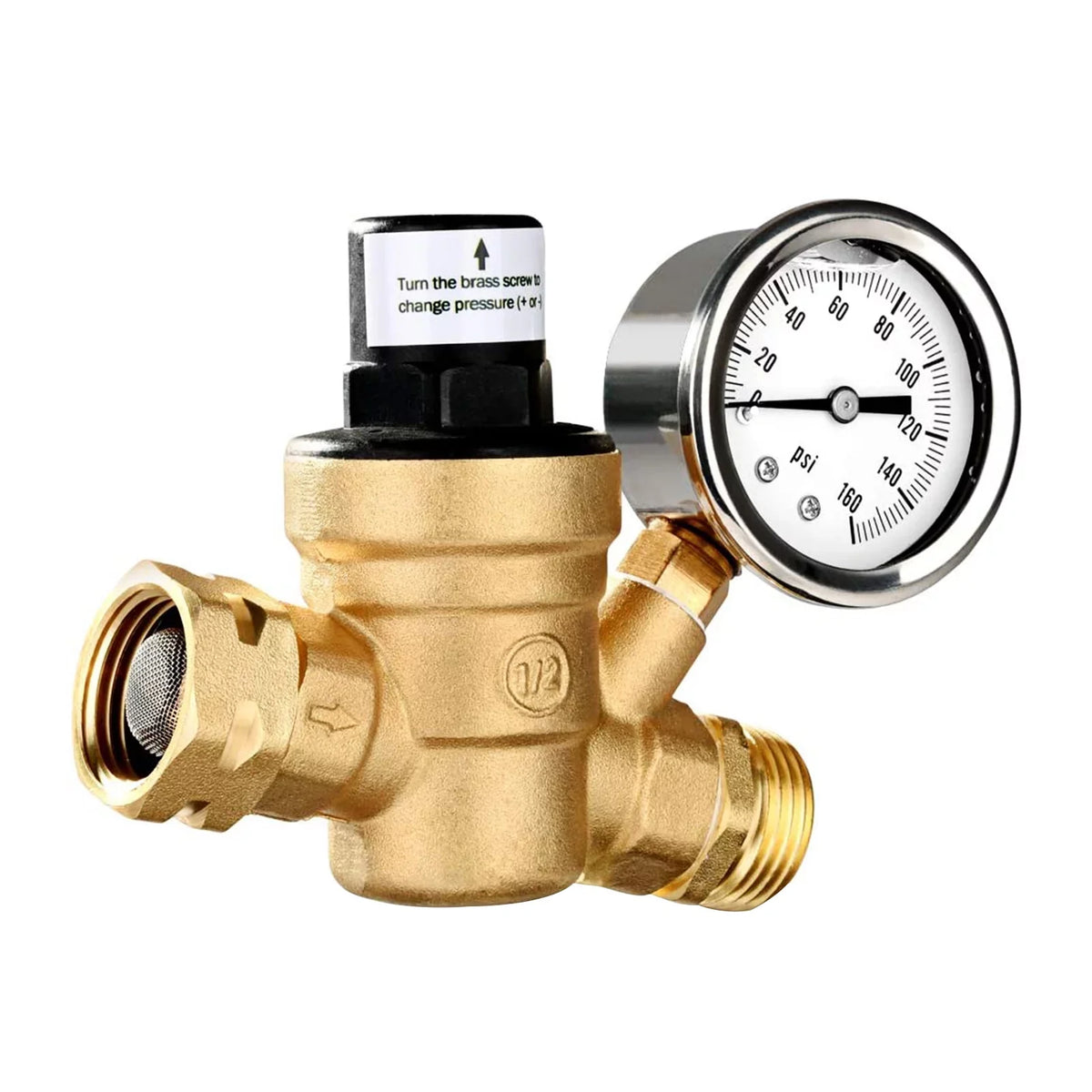 Adjustable Water Pressure ReguLatitudeor Valve - Lead-Free Brass, with 0-160PSI Gauge and Inlet Screened Filter, Ideal for RV and Travel Trailers