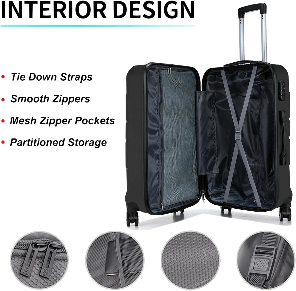 Luggage Sets 3 Piece Hardshell Suitcase with Spinner Wheels Lightweight Durable ABS/PC and Code Lock 20'' 24'' 28 inch Travel Suitcase Sets (Black)