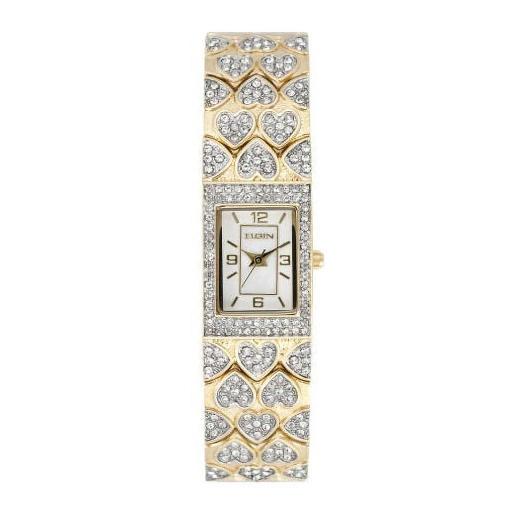 New Women Elgin Luxury Gold Tone Iced Out Stainless Steel Hearts Bracelet Watch eg8012s