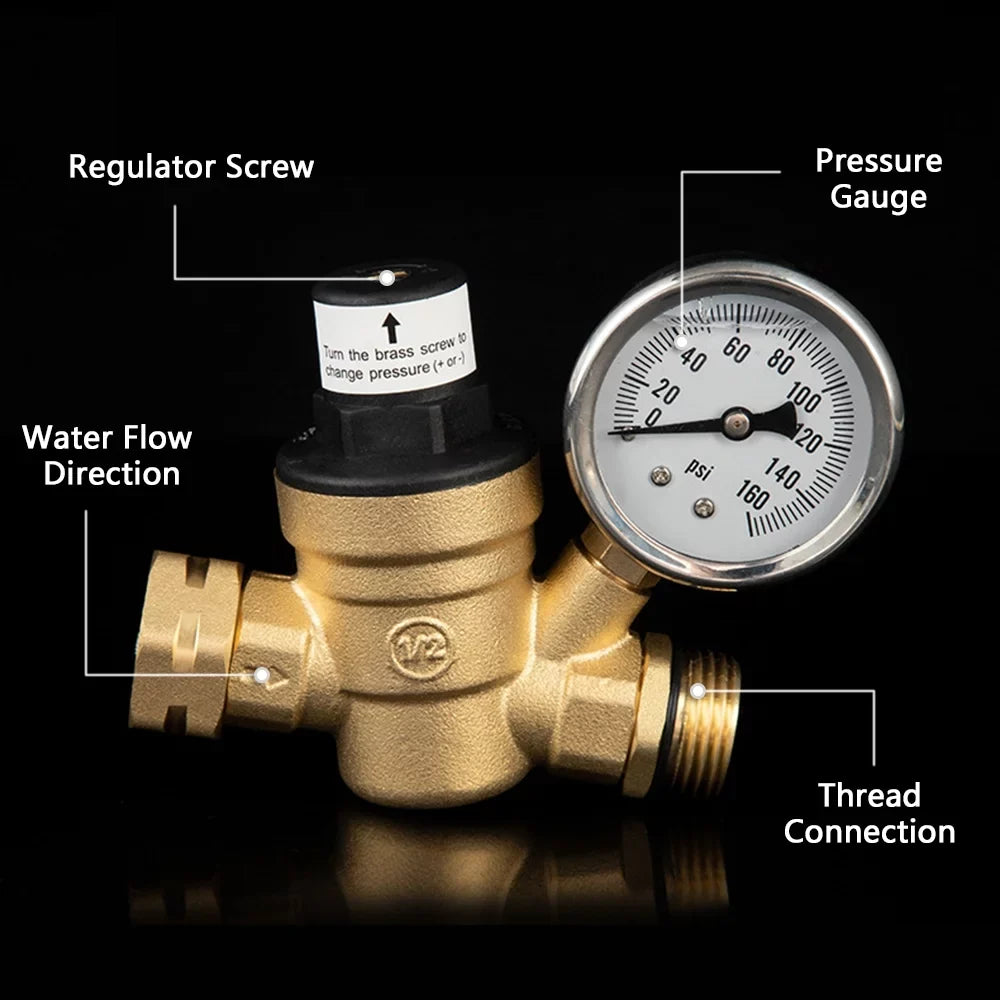 Adjustable Water Pressure ReguLatitudeor Valve - Lead-Free Brass, with 0-160PSI Gauge and Inlet Screened Filter, Ideal for RV and Travel Trailers