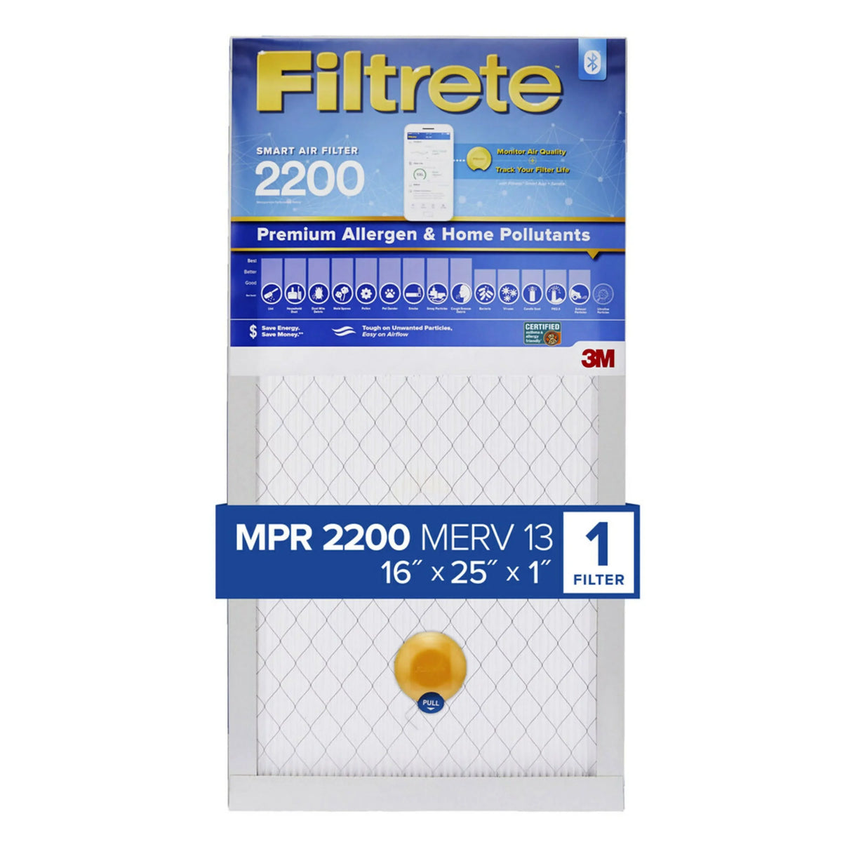 Filtrete 16x25x1 Smart Air Filter, MPR 2200 MERV 13, Premium Allergen & Home Pollutants, Captures Smoke, Bacteria and Viruses, 1 Filter