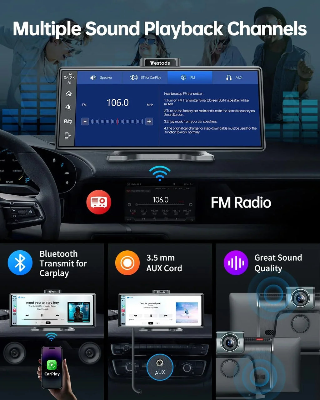 CAIHONG Portable 10.26" Wireless Carplay Screen & Android Auto with Adjustable & Detachable Mount, 2.5K Dash Cam & 1080P Backup Camera, HD IPS Touchdisplay, GPS Navigation, Bluetooth, Car Stereo, Radio