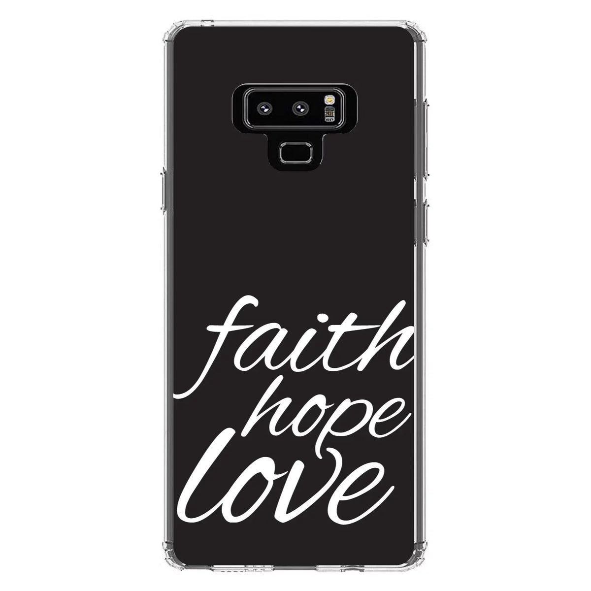 DistinctInk Clear Shockproof Hybrid Case for Samsung Galaxy Note 9 - TPU Bumper, Acrylic Back, Tempered Glass Screen Protector - Faith / Hope / Love - Black & White - Christ