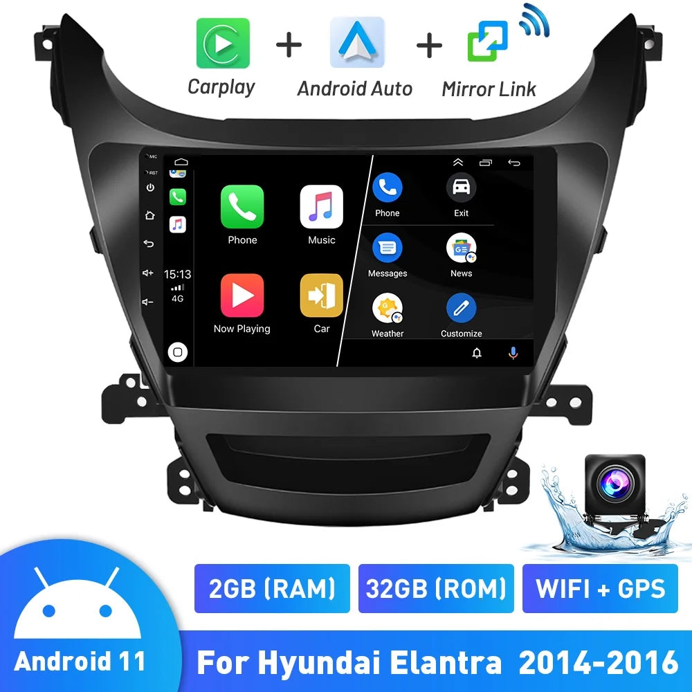 Podofo 2+32G for Hyundai Elantra 2014-2016 Wireless Carplay Android Auto Mirror Link 9'' Touchdisplay Car Stereo Radio Android 11 System WIFI GPS Hifi FM Bluetooth Usb, AHD Backup Camera