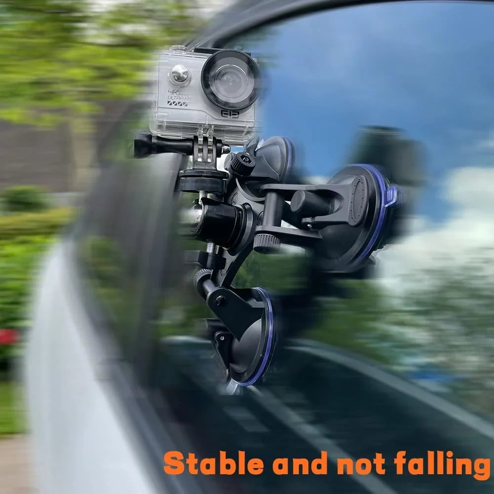 Triple Suction Cup Mount Holder Action Camera Car Windshield Mount with 1/4 Threaded Head 360 Degree Tripod Ball Head