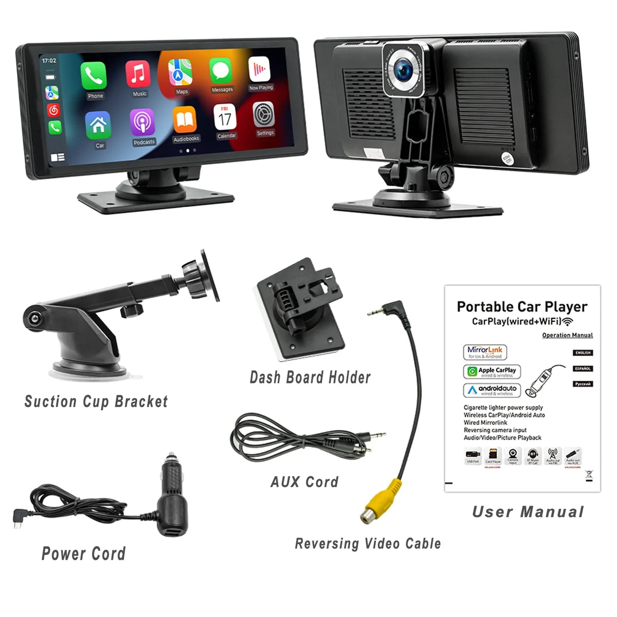 CAIHONG Portable 10.26" Wireless Carplay Screen & Android Auto with Adjustable & Detachable Mount, 2.5K Dash Cam & 1080P Backup Camera, HD IPS Touchdisplay, GPS Navigation, Bluetooth, Car Stereo, Radio