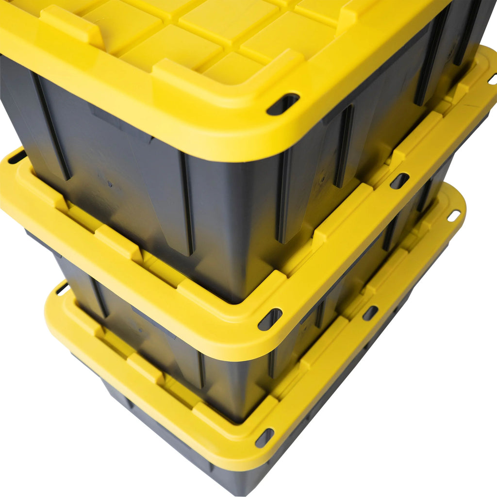 Tough Box 27 Gallon Stackable Snap Lid Plastic Storage Container, Black with Yellow Lid, Set of 4