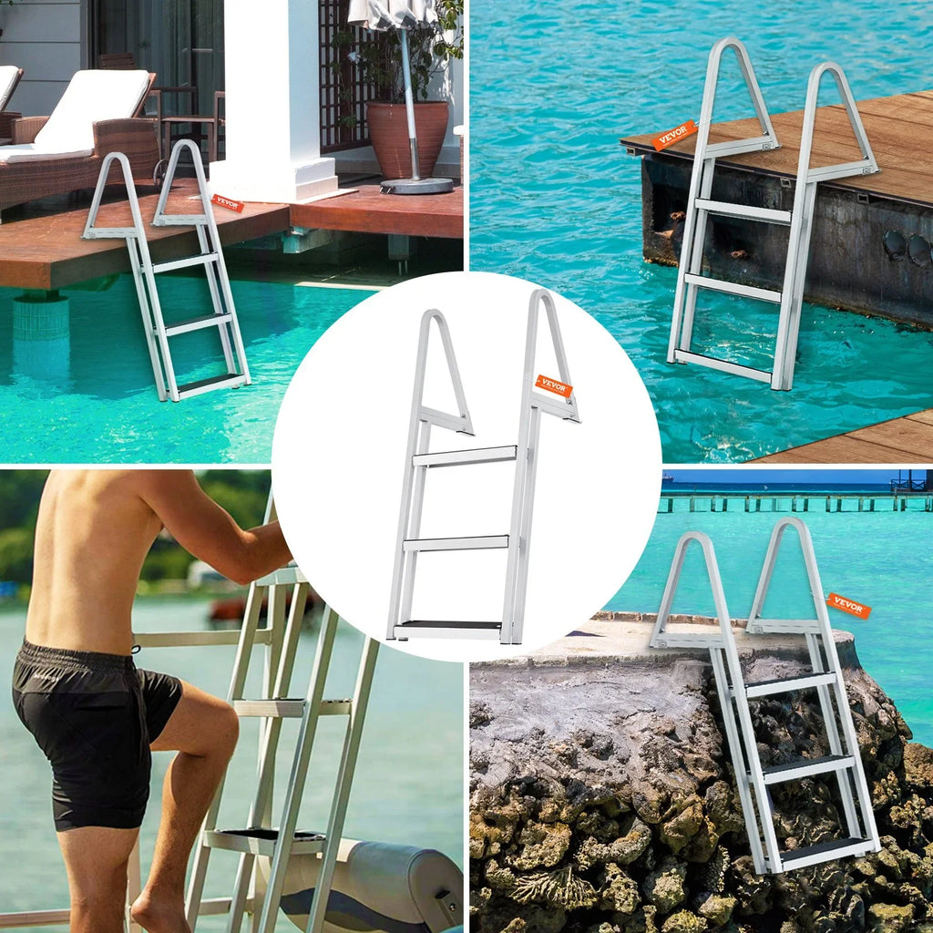 VEVOR Removable 3-Step Dock Ladder - 350 lbs Capacity, Aluminum Alloy with 4'' Wide Nonslip Steps, Simple InstalLatitudeion for Boats, Lakes, Pools & Marine Access