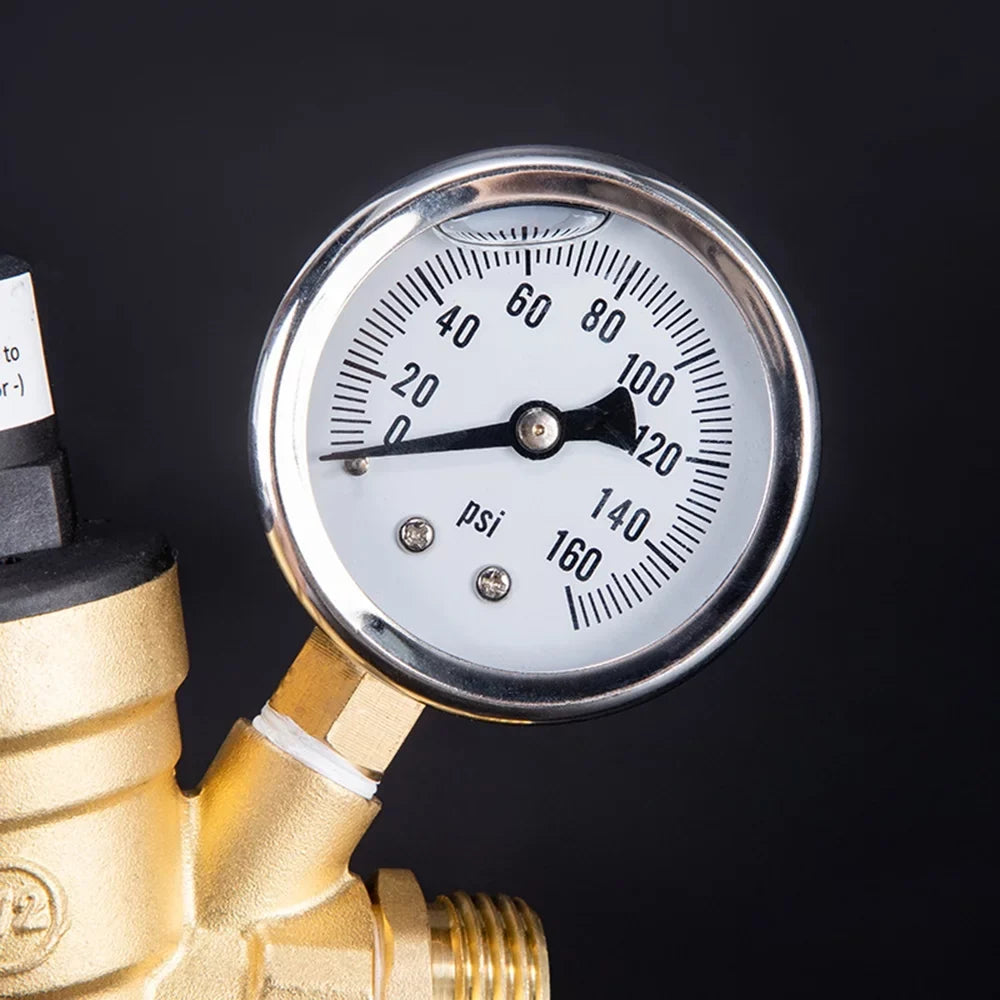 Adjustable Water Pressure ReguLatitudeor Valve - Lead-Free Brass, with 0-160PSI Gauge and Inlet Screened Filter, Ideal for RV and Travel Trailers