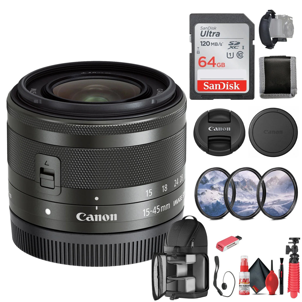 Canon EF-M 15-45mm f/3.5-6.3 IS STM Zoom Lens (Graphite) (0572C002) + 64GB Memory Card + Filter Kit + BackPack + Card Reader + Flex Tripod + Memory  Wallet + Cap Keeper + Cleaning Kit + Hand Strap