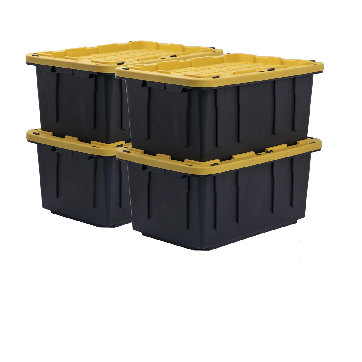 Tough Box 27 Gallon Stackable Snap Lid Plastic Storage Container, Black with Yellow Lid, Set of 4