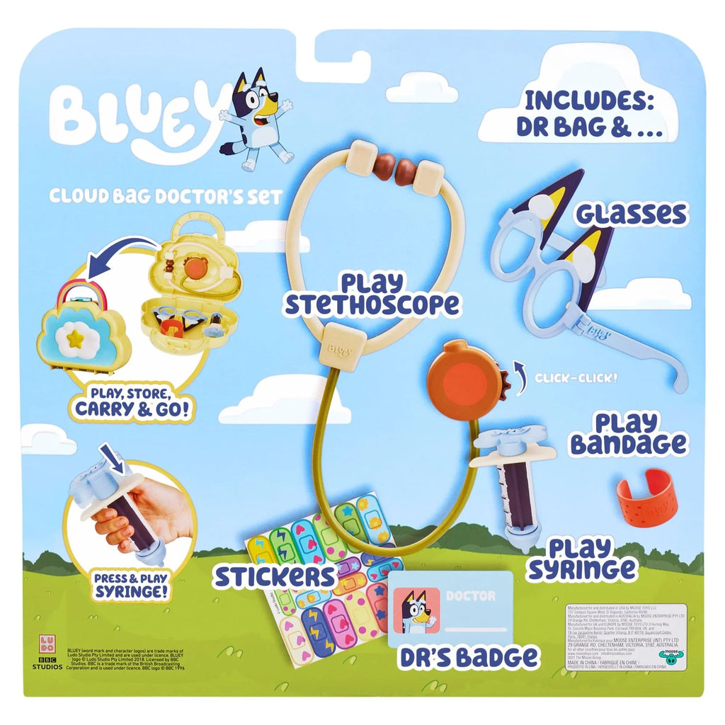 Bluey Cloud Bag Doctor's Set, Doctor Check Up Set, Toy Doctor's Playset with 7 Play Pieces, Stethoscope, Syringe, toy Bandage, Stickers, and more , Preschool, Toys for Kids, Ages 3+