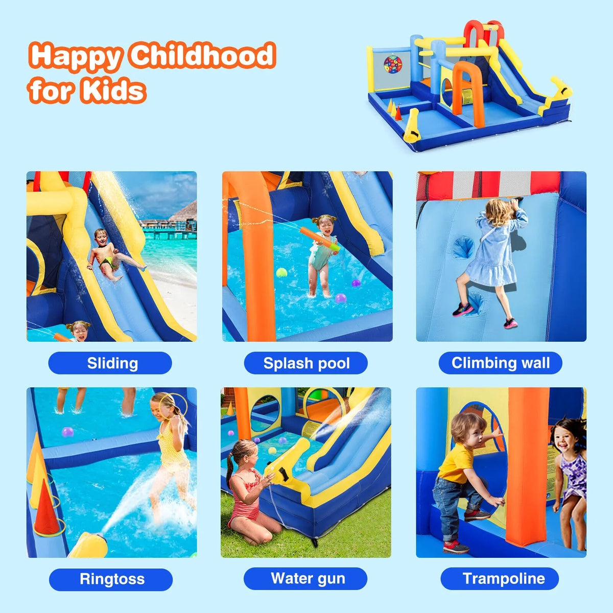 JOYLDIAS InfLatitudeable Water Slide Bouncer Castle Kids Playhouse with Splash Pool, Climbing Wall, Trampoline, Felt Ball Target, Ring Toss Game, 550W Air Blower