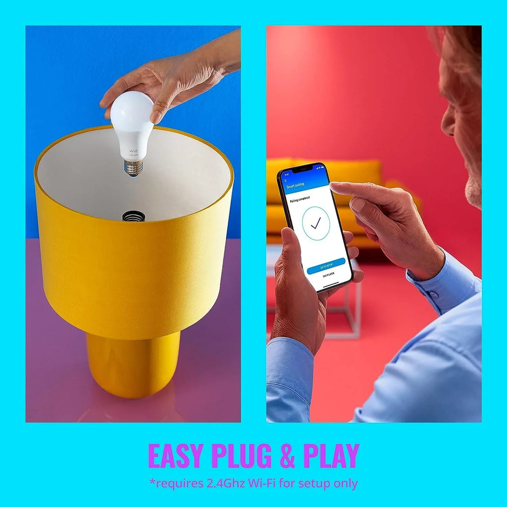 WiZ 60W A19 Color LED Smart Bulb - Pack of 6 - E26- Indoor - Connects to Your Existing Wi-Fi - Control with Voice or App + Activate with Motion - Matter Compatible