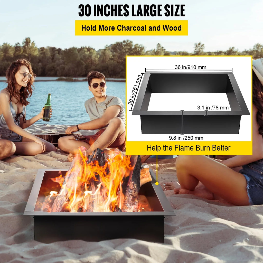 BENTISM Fire Pit Ring, 30" Square Fire Pit Insert, Heavy Duty Steel Fire Ring, DIY Bonfire Liner with Tongs Insert with Simple InstalLatitudeion for Outdoor, Patio, Backyard