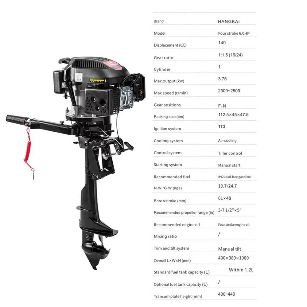 6 HP 4-Stroke Heavy Duty Outboard Motor Fishing Boat Engine Air Cooling System