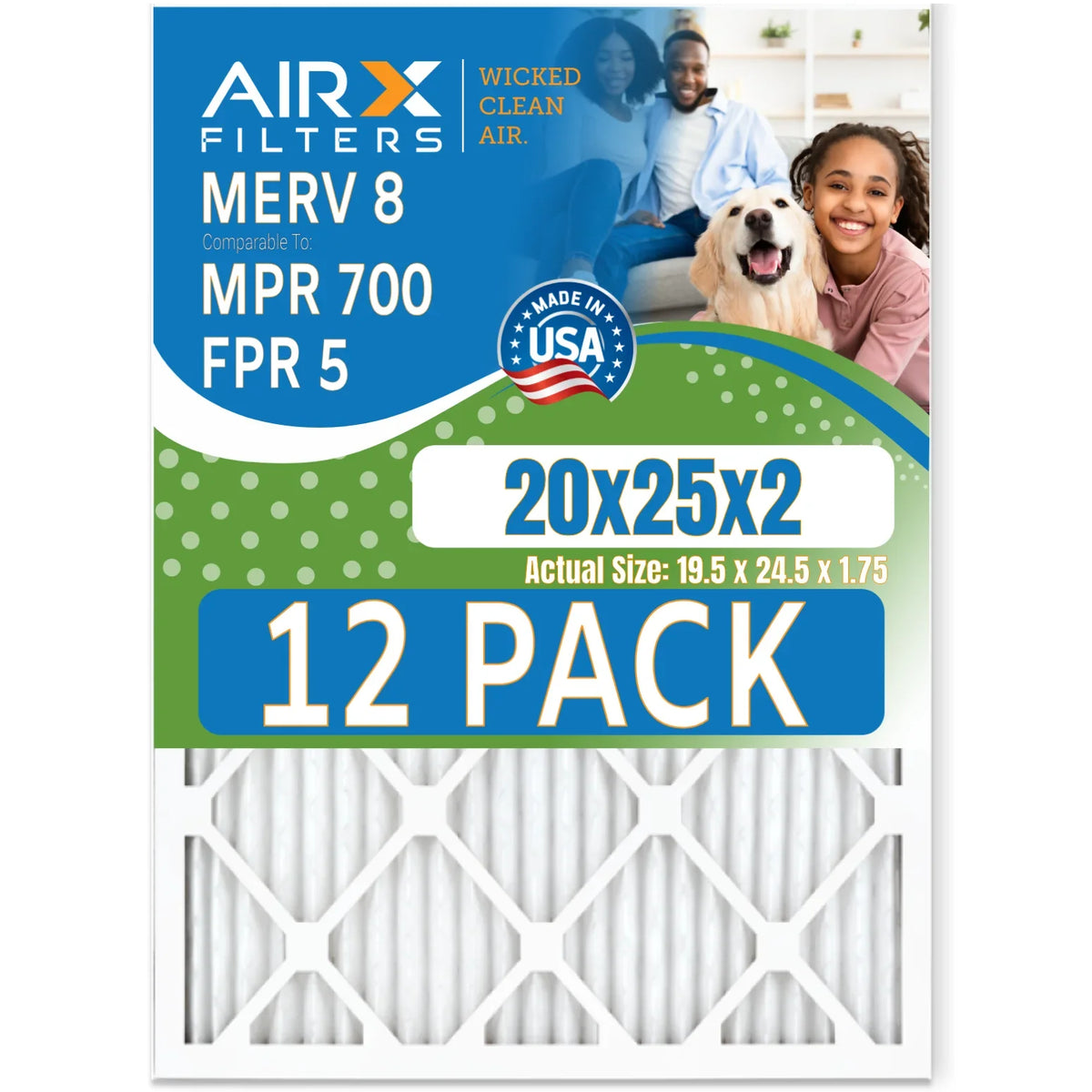 20x25x2 Air Filter MERV 8 Rating, 12 Pack of Furnace Filters Comparable to MPR 700 & FPR 5 - Made in USA by AIRX FILTERS WICKED CLEAN AIR.