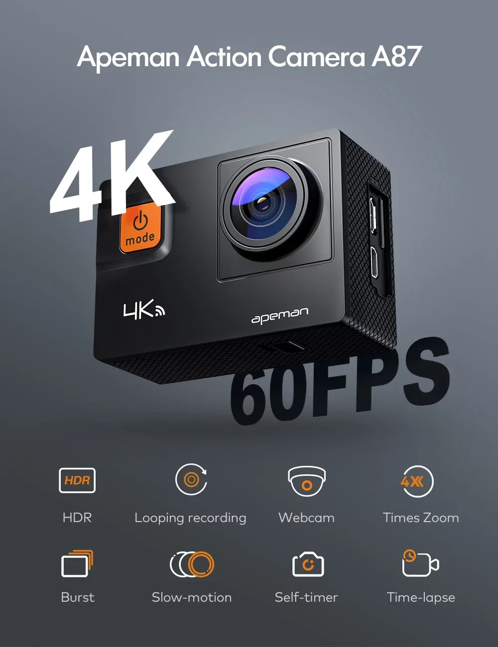Apeman A87 Action Camera, UHD 4K/60fps 20MP Touchdisplay WiFi Underwater Camcorder for Motorbike and Skateboard Camera