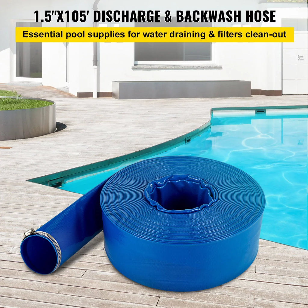 VEVOR Discharge Hose, 1-12" x 105', PVC Fabric Lay FLatitude Hose, Heavy Duty Backwash Drain Hose with Clamps, Weather-proof & Burst-proof, Ideal for Swimming Pool & Water Transfer, Blue