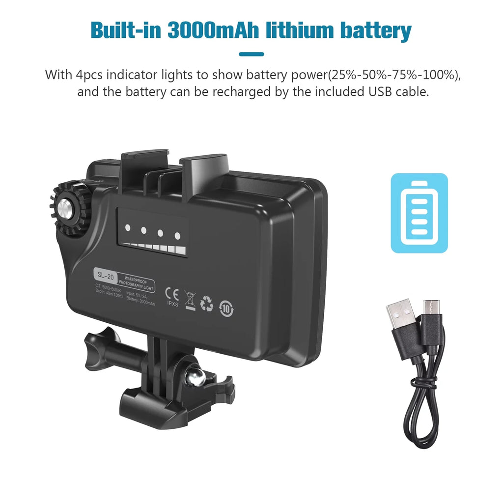 Andoer SL-20 Waterproof RGB Fill Light LED Video Light 8 Modes CRI95+ Dimmable IPX8 Underwater 40M Built-in Rechargeable Battery for Diving Snorkeling Underwater Photography Video Replaceme