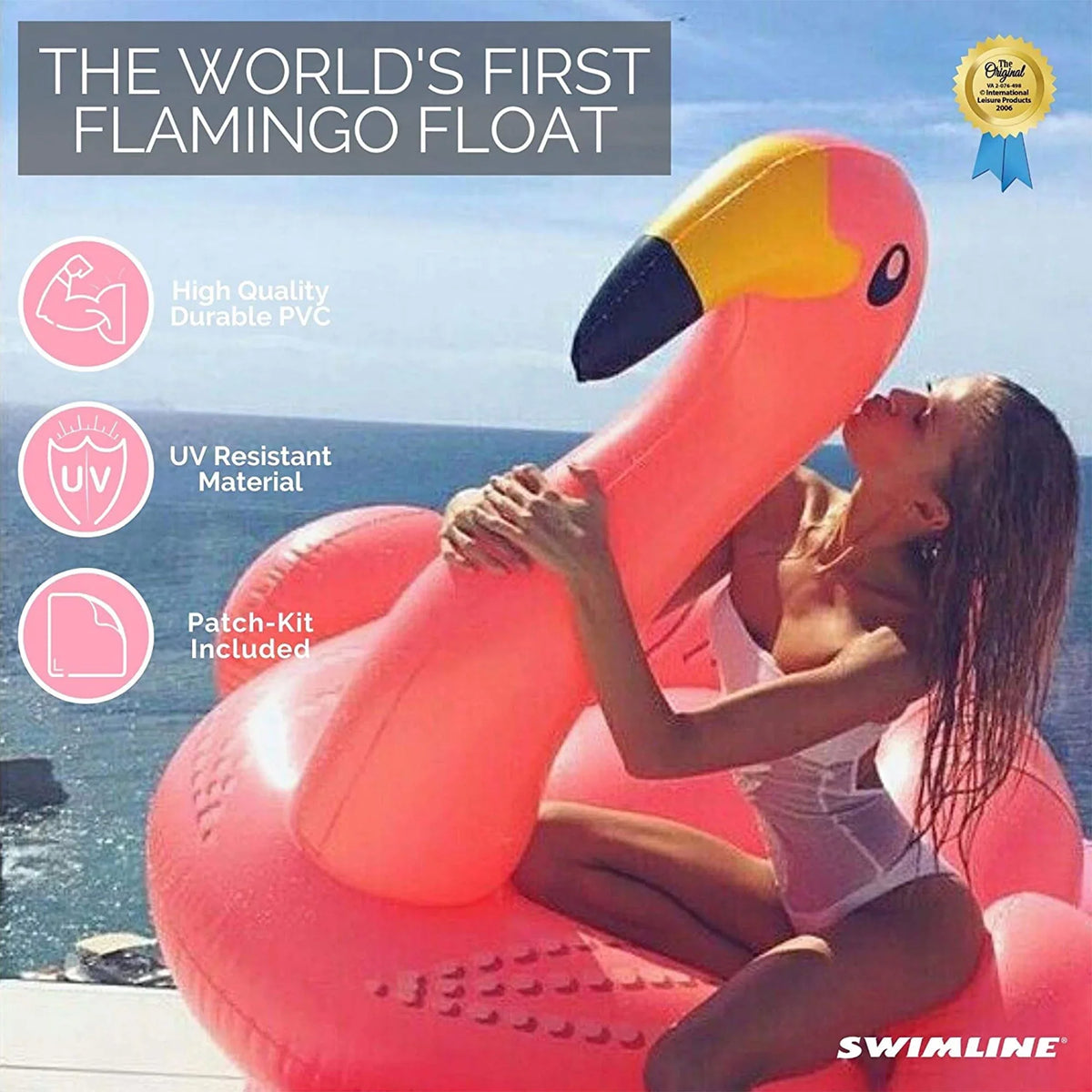 SWIMLINE ORIGINAL 90627 Giant InfLatitudeable Flamingo Pool Float Floatie Ride-On Lounge W/ Stable Legs Wings Large Rideable Blow Up Summer Beach Swimming Party Lounge Big Raft Tube Decoration Toys Kids