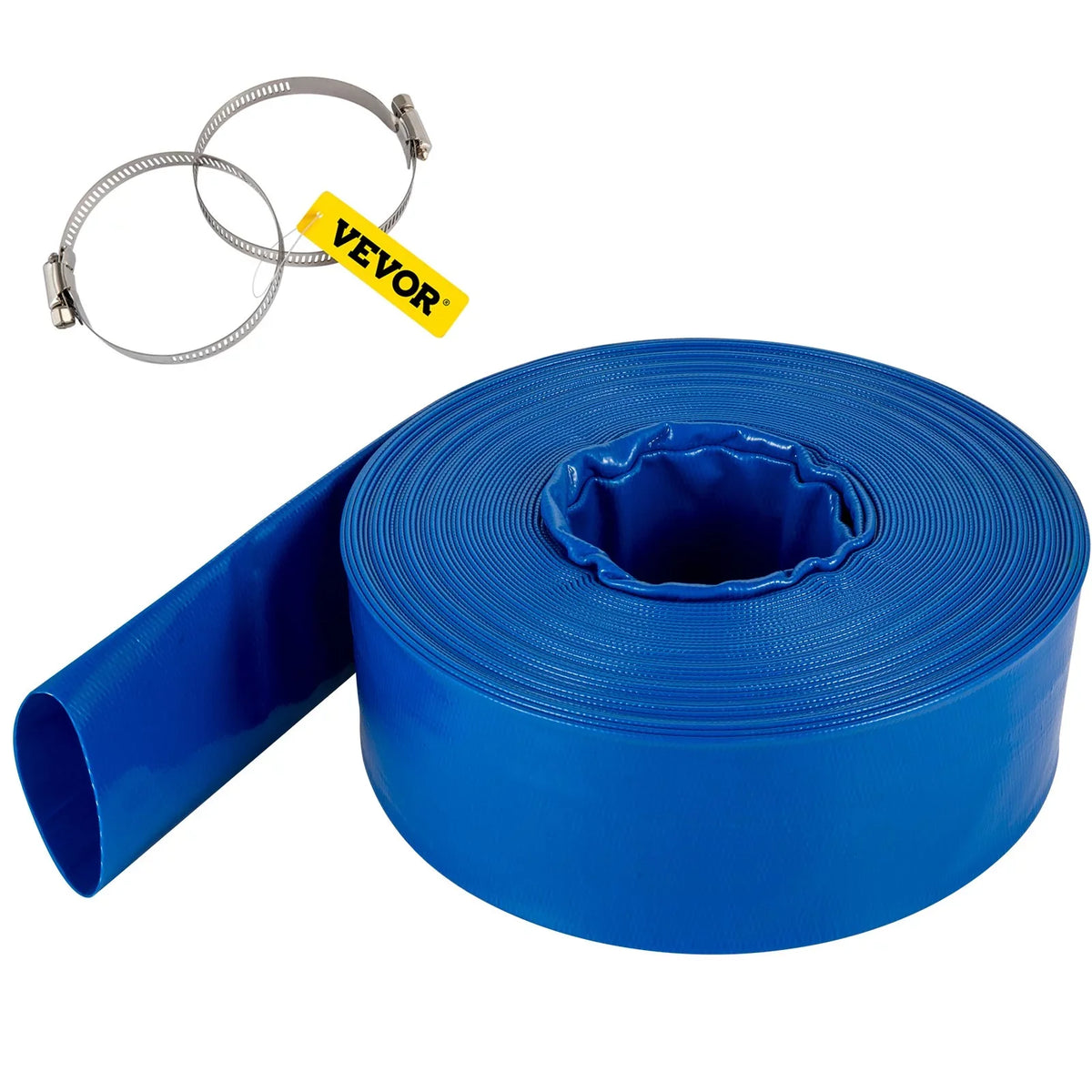 VEVOR Discharge Hose, 1-12" x 105', PVC Fabric Lay FLatitude Hose, Heavy Duty Backwash Drain Hose with Clamps, Weather-proof & Burst-proof, Ideal for Swimming Pool & Water Transfer, Blue