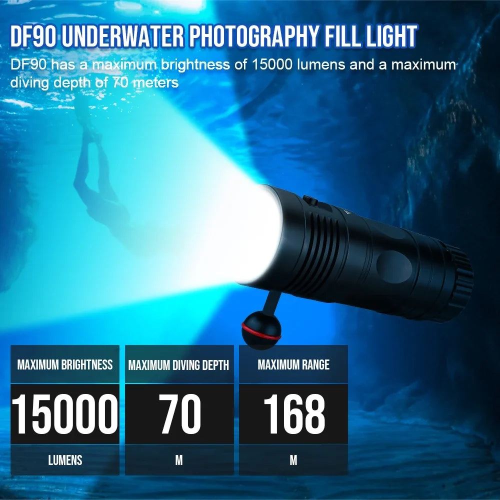 TrustFire DF90 Scuba Diving Light, 15000 Lumens Video Camera Photography Dive LED Flashlight, 70M Underwater Scuba Diving Flashlight, Super Bright, with Violet Red White Lights