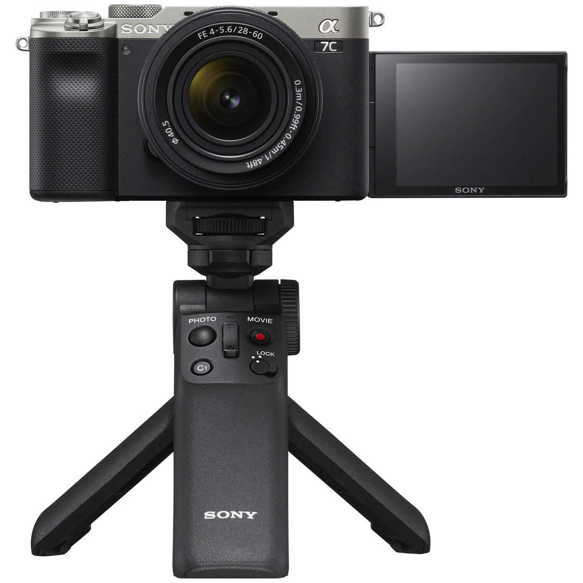 Sony a7C Mirrorless Full Frame Camera Body with 28-60mm F4-5.6 Lens Silver ILCE7CL/S Bundle + Vlogger Kit ACCVC1: GP-VPT2BT Shooting Grip w. Wireless Remote + 2x Battery + Deco Gear Bag & Accessories