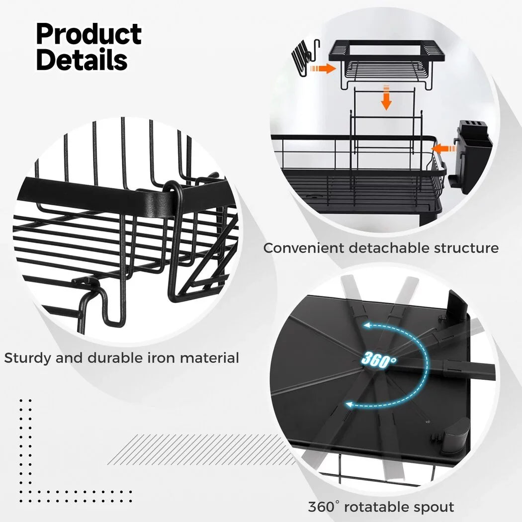 2 Tier Dish Rack and Dish Drainer for Kitchen Counter, Dish Drying Rack with Dish Drainer, Detachable Stainless Steel Dish Drainer Rack with Utensil Holder, Kitchen Dishes Storage and Organizers, Blac