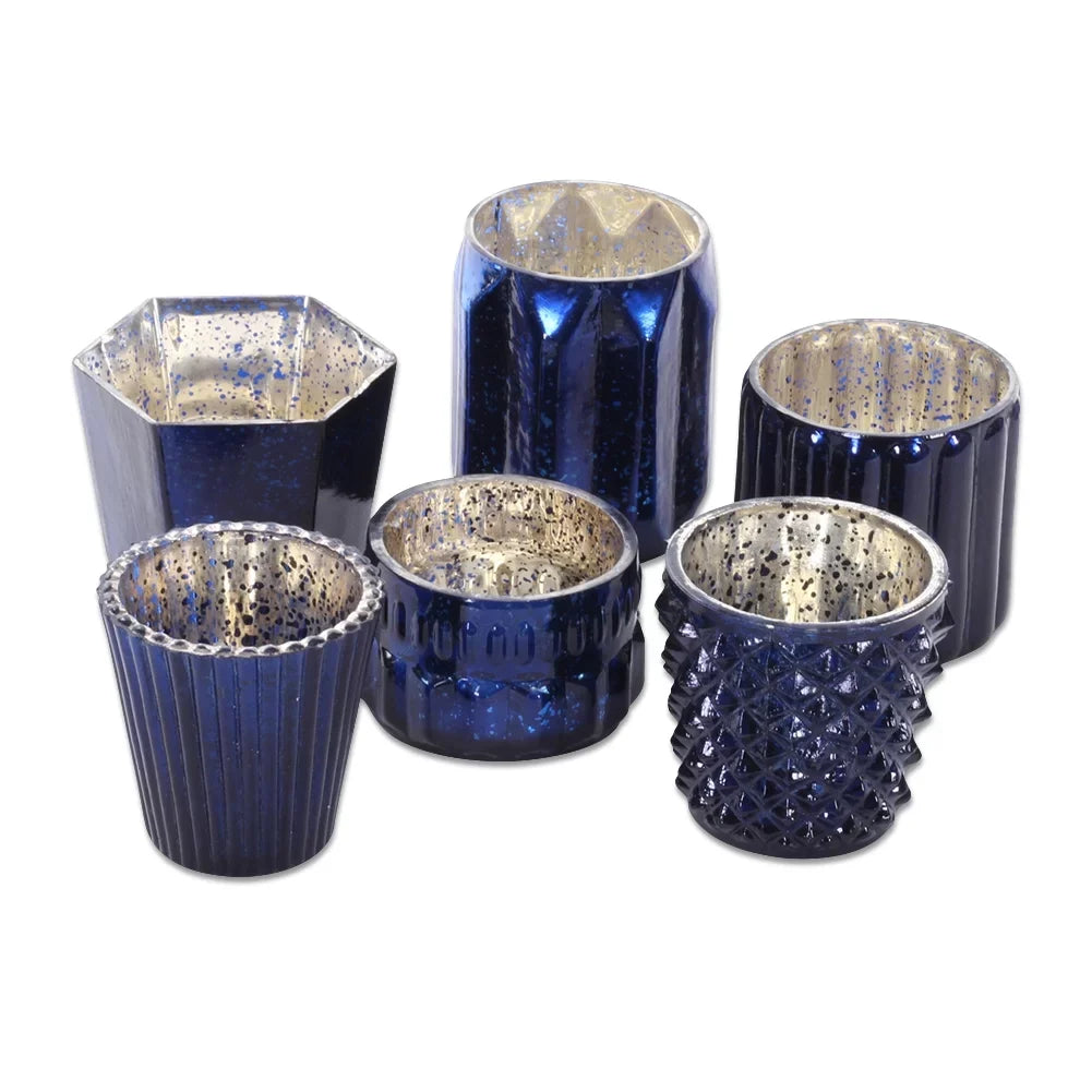 Koyal Wholepromotion Navy Blue Mixed Mercury Glass Candle Holders, 6−Pack, Mismatched Candle Holders for Candle Votives