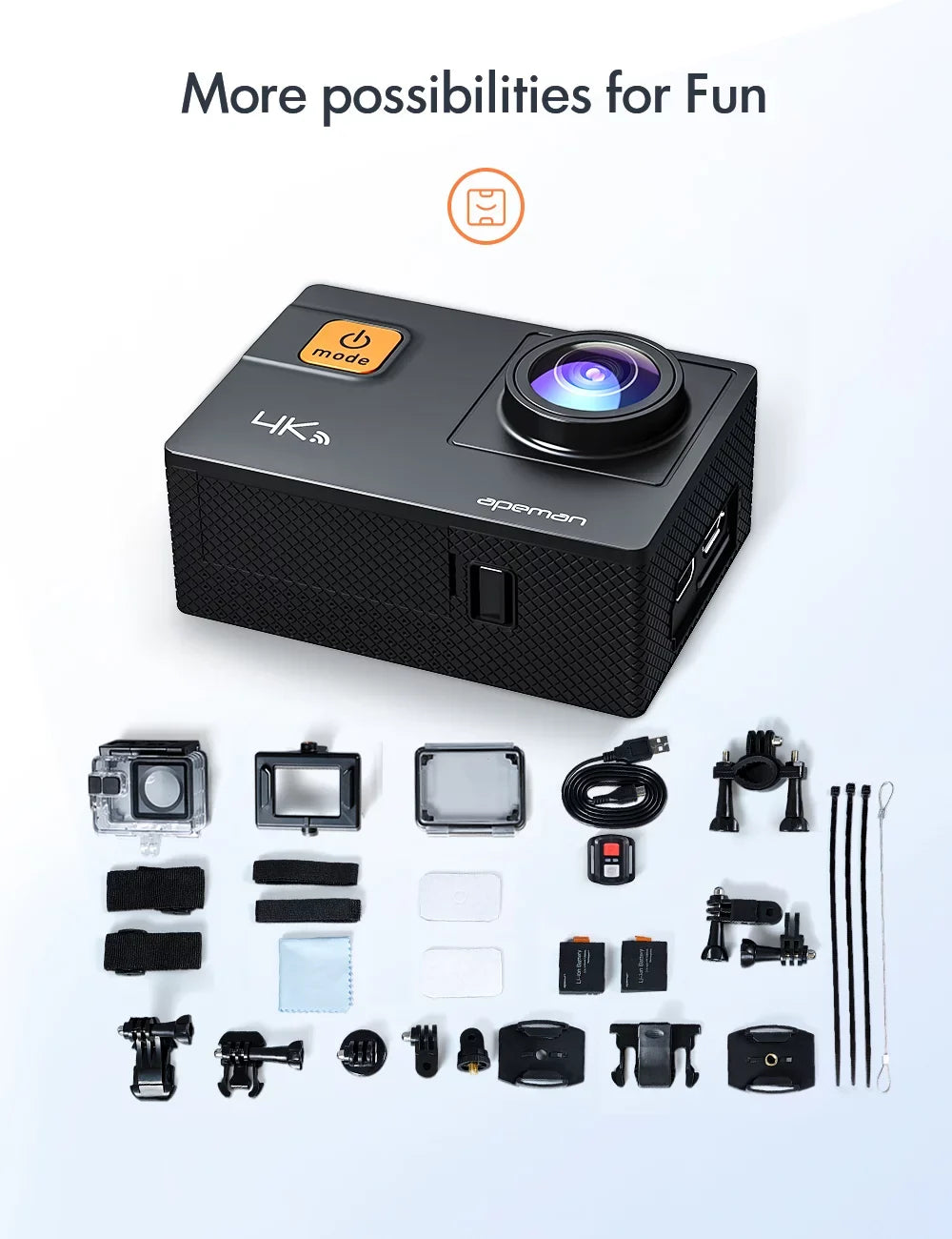 Apeman A87 Action Camera, UHD 4K/60fps 20MP Touchdisplay WiFi Underwater Camcorder for Motorbike and Skateboard Camera