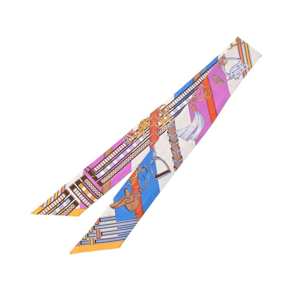 Pre-Owned HERMES Twilly BRIDES ET GRIS New Tag White/Blue/Purple - Women's 100% Silk Scarf Muffler (Good)