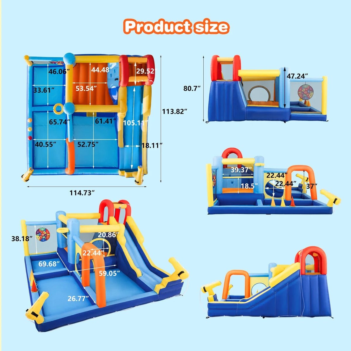 JOYLDIAS InfLatitudeable Water Slide Bouncer Castle Kids Playhouse with Splash Pool, Climbing Wall, Trampoline, Felt Ball Target, Ring Toss Game, 550W Air Blower