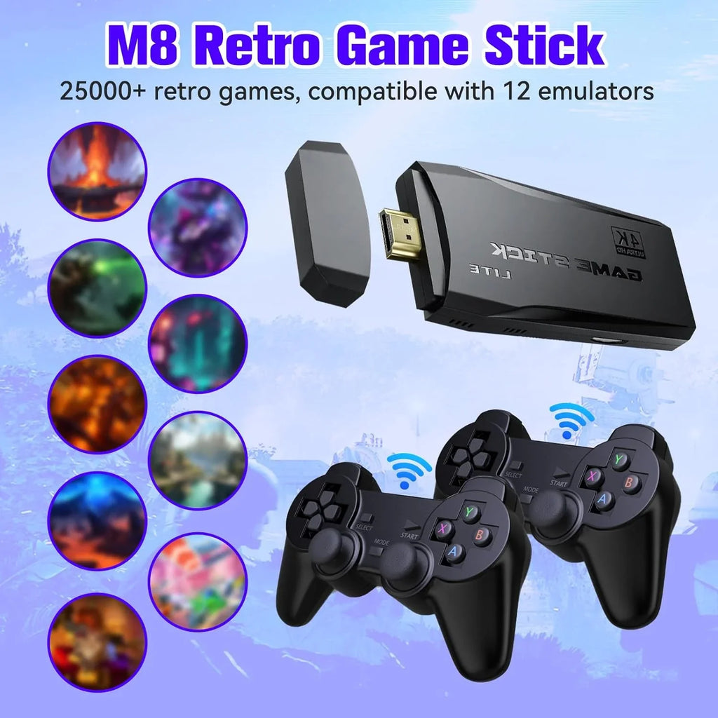 Game Stick 64G, 25,000+ Retro Games, Compatible with 12 EmuLatitudeor Console, Wireless Retro Game Console Support 4K HD Output, Plug and Play Video Games for TV, 2.4G Wireless Controllers