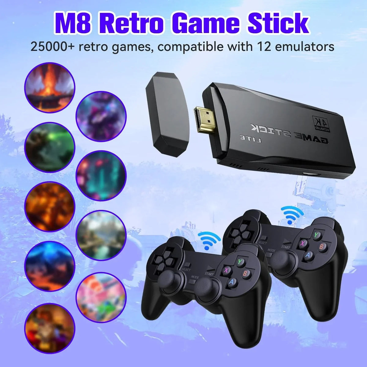 Game Stick 64G, 25,000+ Retro Games, Compatible with 12 EmuLatitudeor Console, Wireless Retro Game Console Support 4K HD Output, Plug and Play Video Games for TV, 2.4G Wireless Controllers