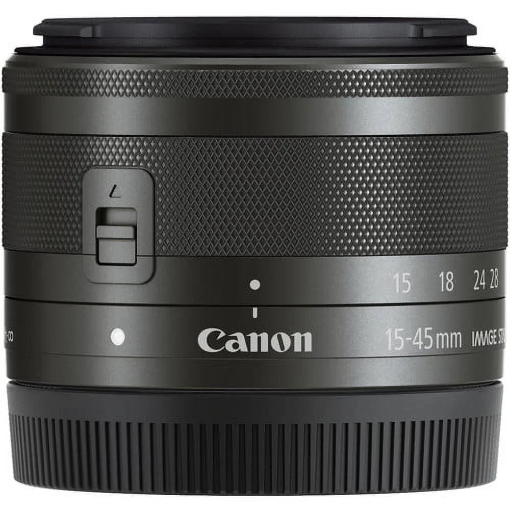 Canon EF-M 15-45mm f/3.5-6.3 IS STM Zoom Lens (Graphite) (0572C002) + 64GB Memory Card + Filter Kit + BackPack + Card Reader + Flex Tripod + Memory  Wallet + Cap Keeper + Cleaning Kit + Hand Strap