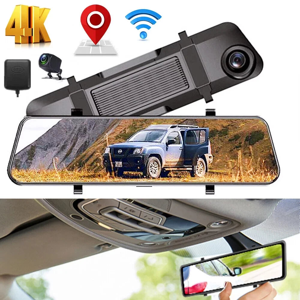 Kqiang 4K 12" Dash Cam Mirror GPS WiFi Voice Control Car Rear View Backup Dual Camera