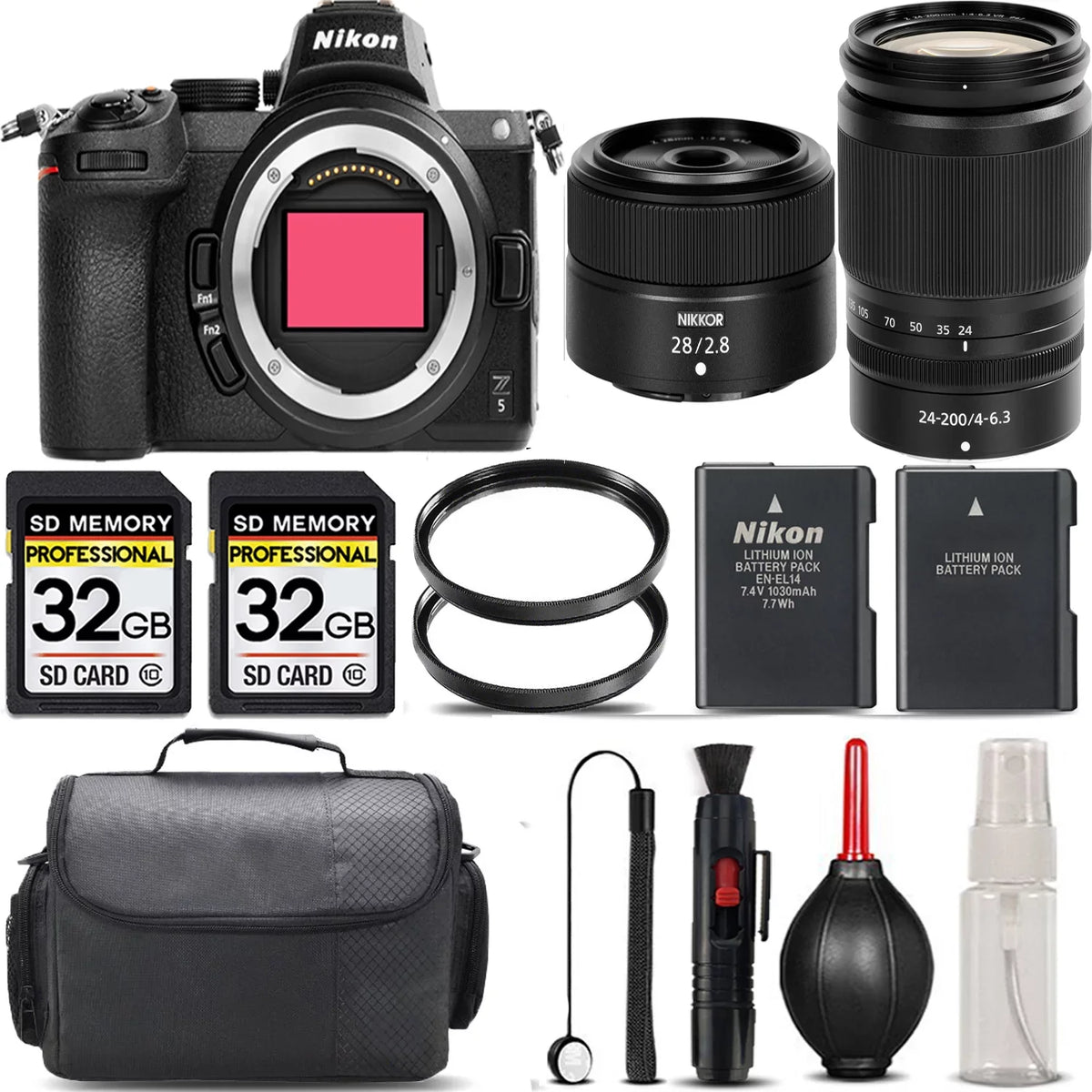 Nikon Z5 Mirrorless with 24-200mm f/4-6.3 VR Lens + 28mm f/2.8 Lens + 64GB Storage + UV Filter + Backup Battery + Case + Cleaning Kit - International Version