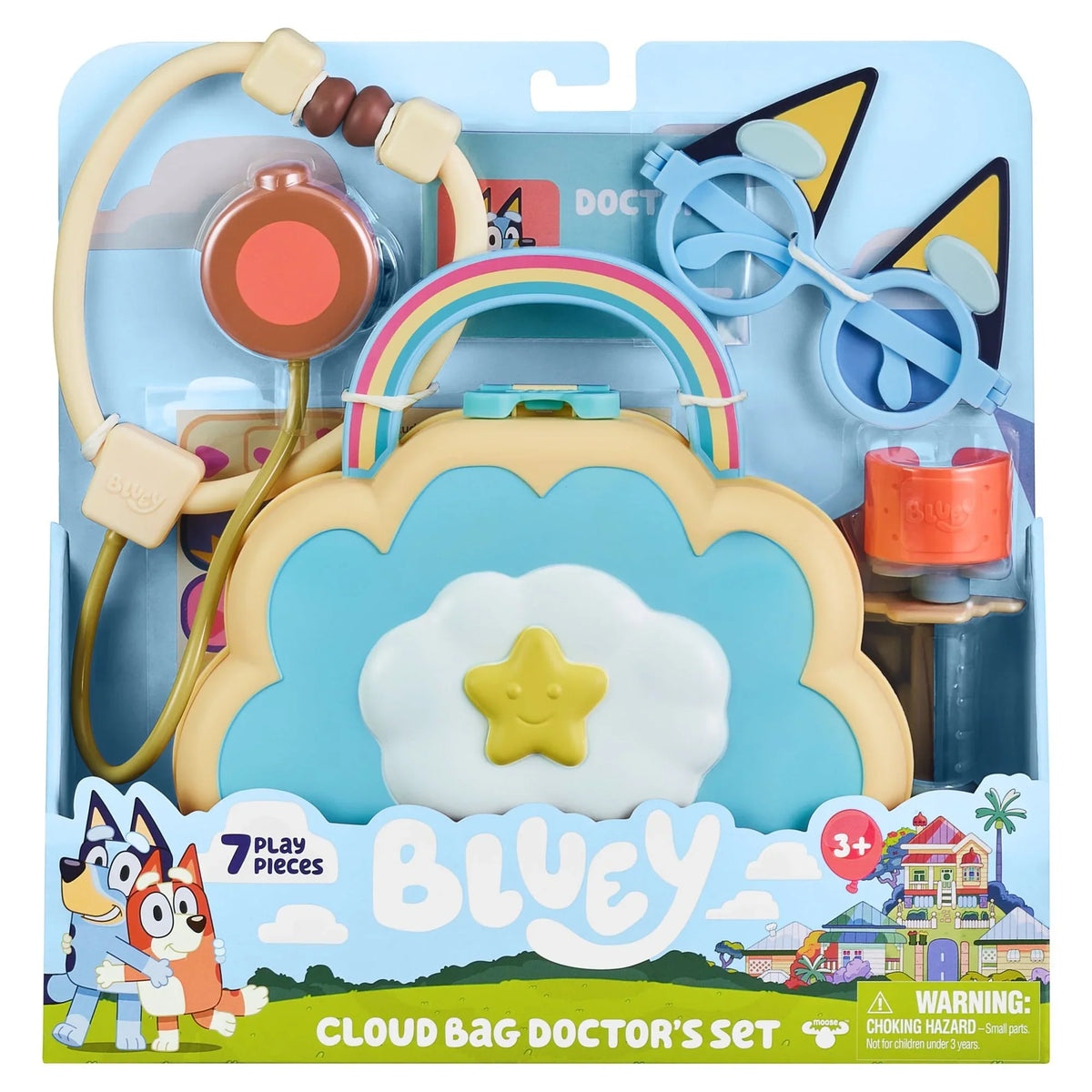 Bluey Cloud Bag Doctor's Set, Doctor Check Up Set, Toy Doctor's Playset with 7 Play Pieces, Stethoscope, Syringe, toy Bandage, Stickers, and more , Preschool, Toys for Kids, Ages 3+